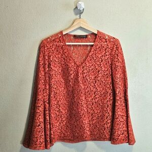 Zara Lace V-neck Orange Top, XS